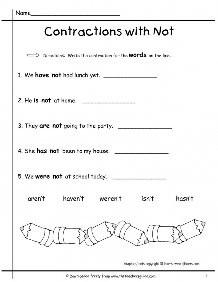 Assessment activity for first graders to identify common contractions in reading First grade student practicing reading contractions on a worksheet
