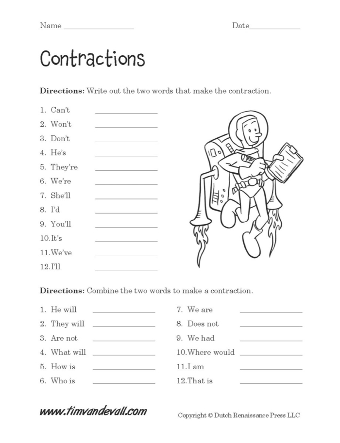 Reading Contractions worksheet for first graders assessing contraction reading skills, image 18 First Grade student completing a Reading Contractions worksheet to assess understanding of common contractions