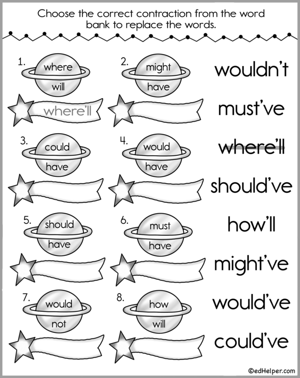 Assessment worksheet for checking contraction reading skills in first grade students First graders practicing reading contractions on a worksheet