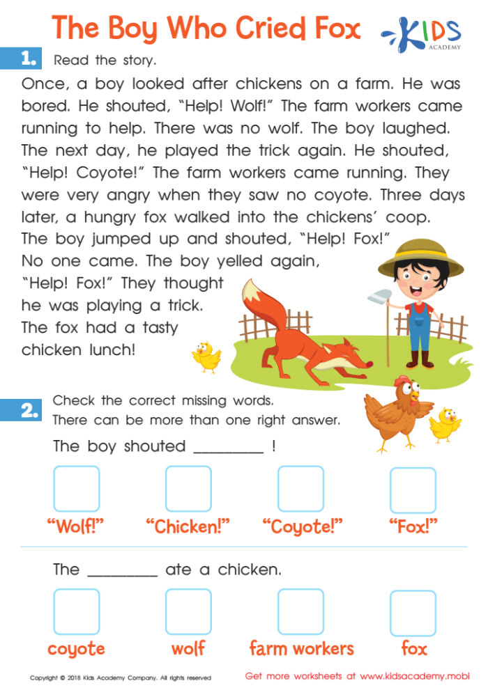 Engaging image of The Boy Who Cried Wolf story worksheet for young learners Worksheet for The Boy Who Cried Wolf story with counting activities for first graders