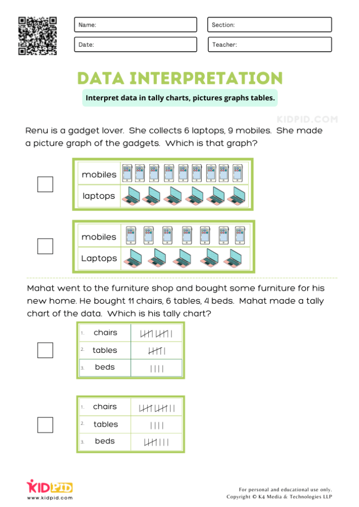 Worksheet illustrating first graders using data for addition and interpretation