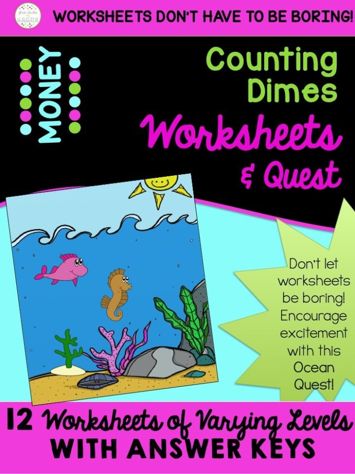 Worksheet 23 for practicing counting and writing the value of dimes in first grade math First Grade Counting Dimes worksheet with images of dimes and spaces for writing cents