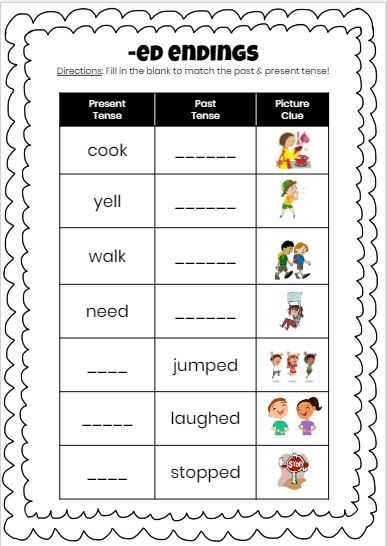 Worksheet exercise for practicing handwriting with -ed words and sentence formation First grade students working on a worksheet featuring words that end with the suffix -ed