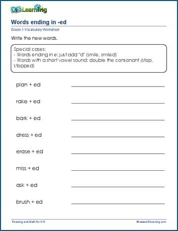 Reading worksheet for First Grade Worksheet for first graders focusing on words that end with the suffix -ed, featuring fill-in-the-blank sentences. Educational resource to enhance reading and handwriting skills for young learners.
