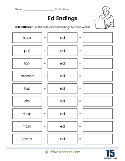 Reading worksheet for First Grade Worksheet featuring words that end with "-ed" for first graders to read and write. Engaging activity for practicing reading and handwriting skills.