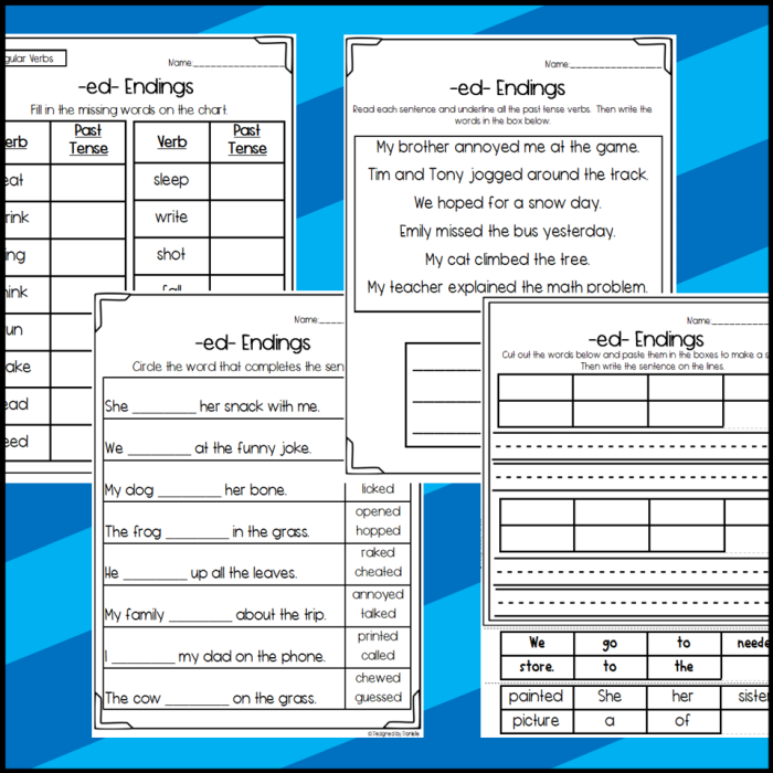 Engaging first grade worksheet on using "-ed" words in sentences for reading practice. Perfect for handwriting improvement. Worksheet featuring first graders practicing words ending in "-ed" with sentence completion. Educational resource for enhancing reading and writing skills.