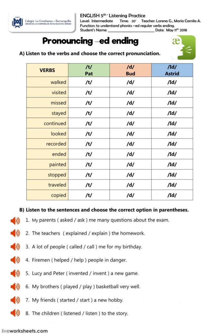 Reading worksheet for First Grade Worksheet for first graders focusing on words that end with the suffix -ed, featuring fill-in-the-blank sentences. Educational activity image for practicing reading and handwriting skills.