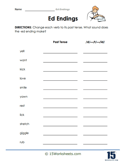First grade reading worksheet for practicing suffix "-ed" with handwriting exercises. Engaging way for kids to learn and apply new vocabulary. Worksheet featuring first graders practicing words ending in "-ed" by filling in the blanks. Educational activity focused on reading and handwriting skills for young learners.
