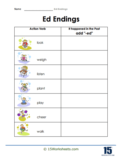Reading worksheet for First Grade Worksheet for first graders focusing on words that end with the suffix -ed, featuring sentence practice. Educational activity for young learners to enhance reading and handwriting skills.