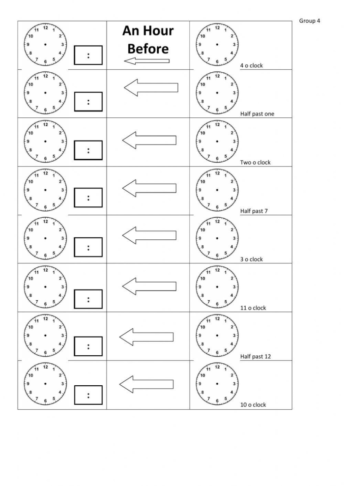 First grader solving an elapsed time subtraction worksheet focusing on one hour later