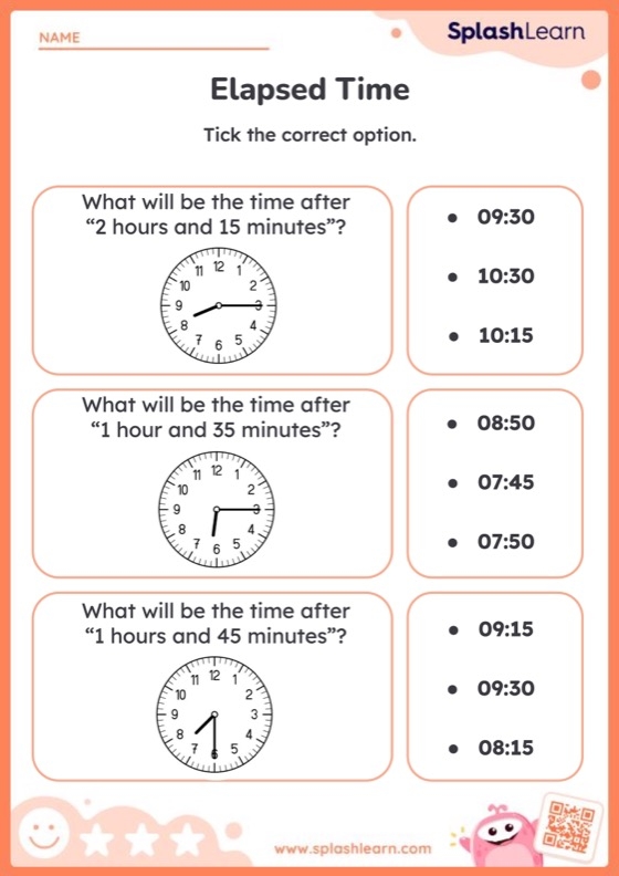 First grader solving subtraction problems on an elapsed time worksheet