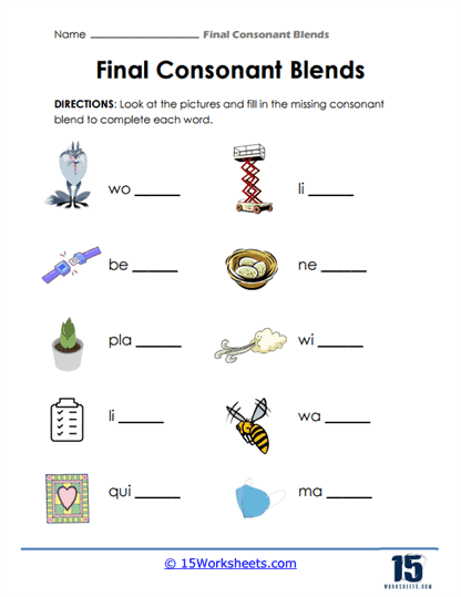 Ending consonant blends activity for young spellers on worksheet 25 First Grade spelling worksheet with ending consonant blends to unscramble words