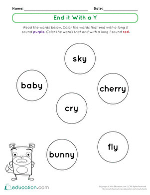 First Grade Ending Y Sort worksheet showing columns for long E and long I sounds