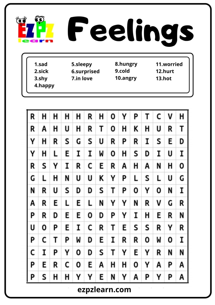 Explore feelings with this engaging word search activity for young learners Colorful word search worksheet featuring various feelings for first graders
