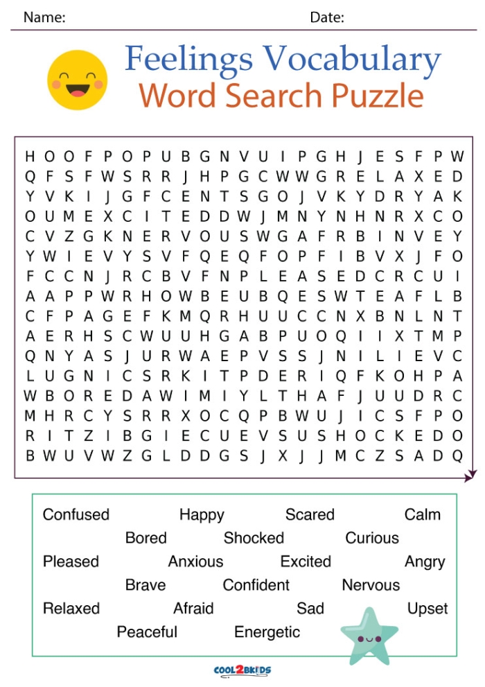 Fun word search activity to help kids explore different emotions First grade feelings word search worksheet for handwriting practice