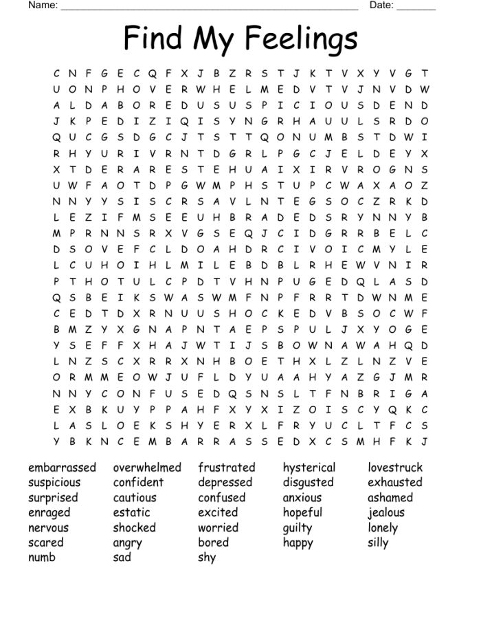 Engaging feelings word search for handwriting practice in grade one Word search worksheet for first graders focusing on various feelings