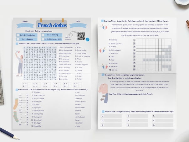 Learning French clothing vocabulary for kids in first grade Worksheet featuring basic clothing items in French for first graders