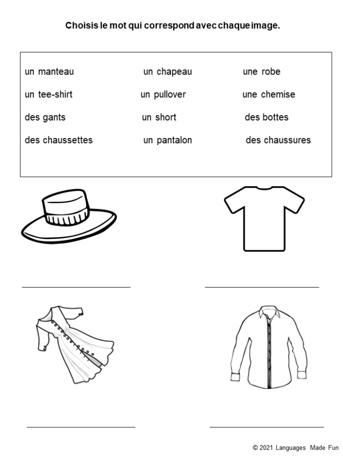 Engaging worksheet for teaching basic clothing words in French Colorful illustration of a first grader learning French clothing vocabulary