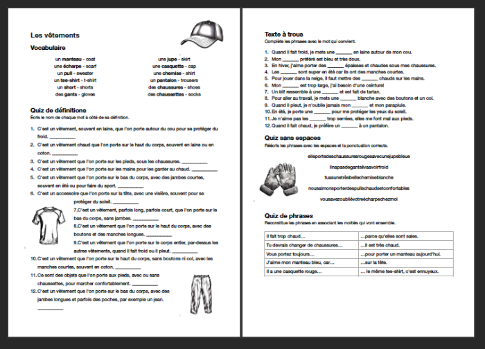 Educational resource for teaching basic clothing words in French to young learners Colorful worksheet featuring French clothing vocabulary for first graders