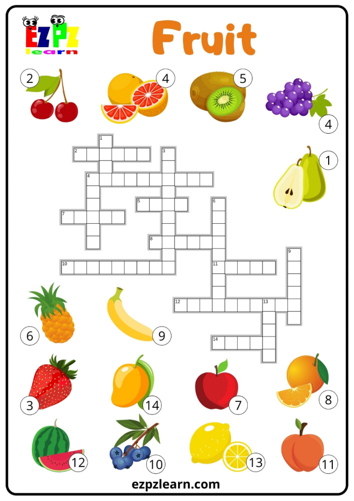 Engaging Picture Crossword: Fruit! worksheet for creative learning in grade one Colorful fruit-themed crossword puzzle for first graders to enhance spelling skills