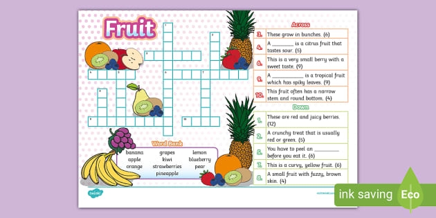 Engaging Picture Crossword: Fruit! worksheet for first graders Colorful fruit-themed crossword puzzle worksheet for kids to enhance spelling skills