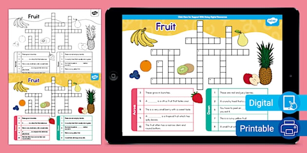 Engaging Picture Crossword: Fruit! activity to enhance spelling skills Colorful fruit-themed crossword puzzle worksheet for first graders