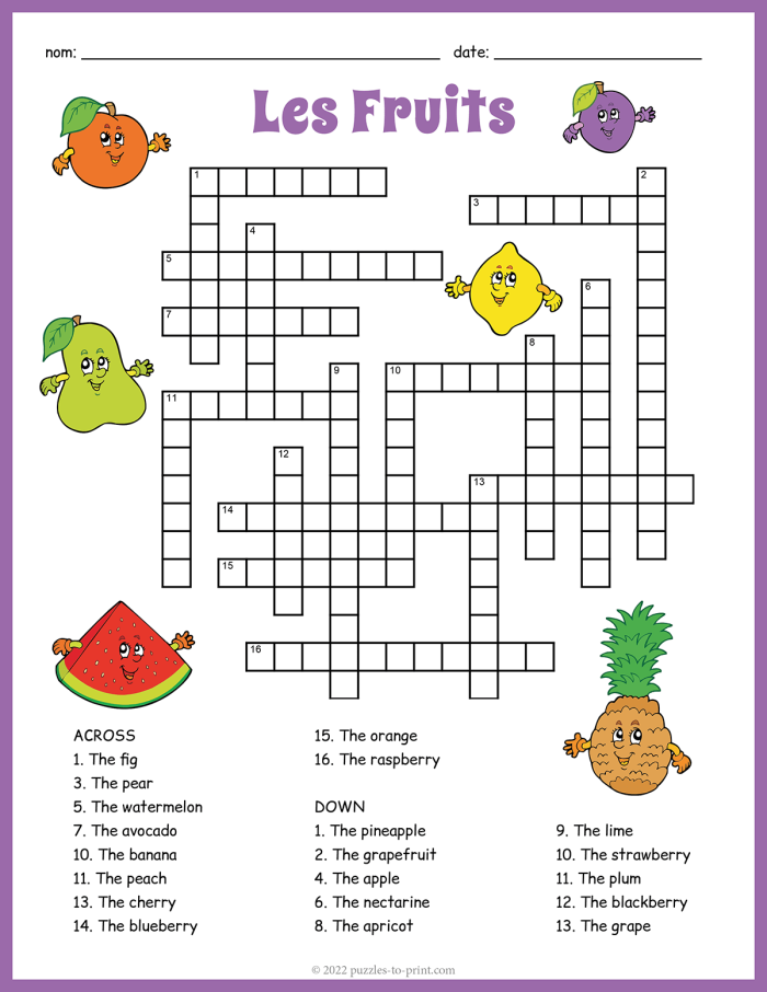 Engaging fruit-themed crossword puzzle worksheet for first graders Colorful picture crossword featuring various fruits for kids