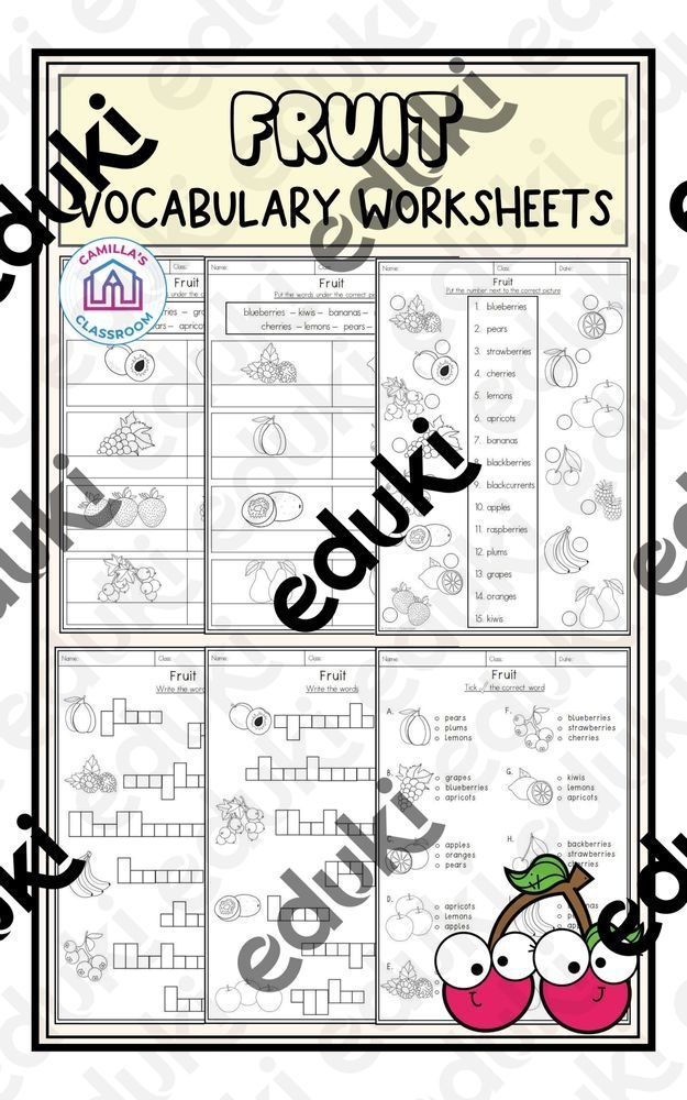 Engaging fruit-themed vocabulary practice worksheet for first graders with coloring and spelling tasks Colorful first grade fruit vocabulary worksheet featuring fruit illustrations to color and spell