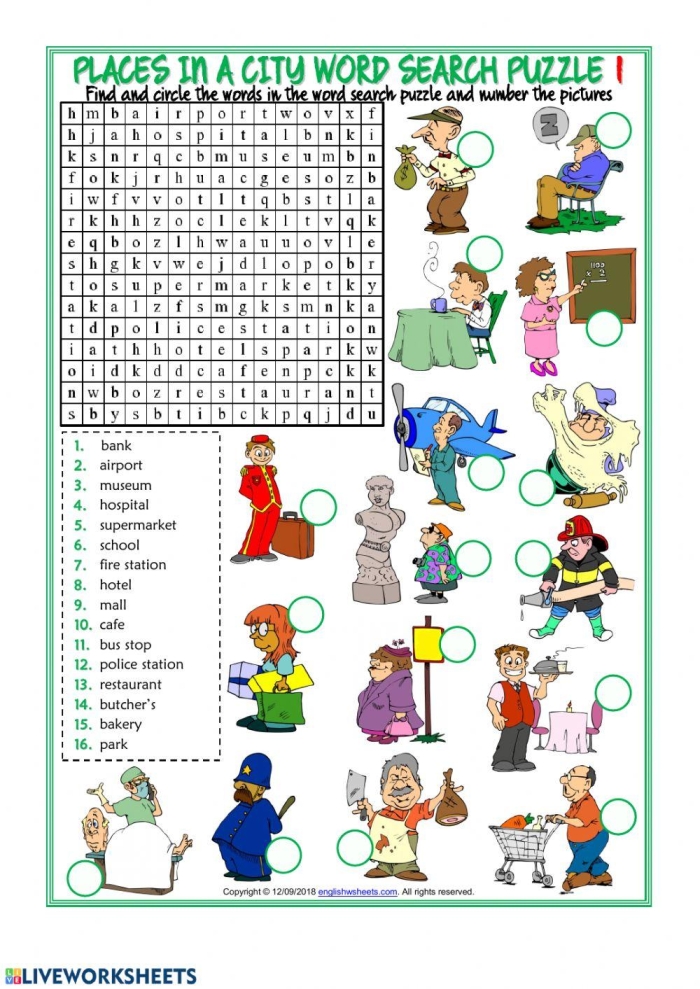 First Grade subtraction worksheet featuring a Cities Word Search to challenge geography skills