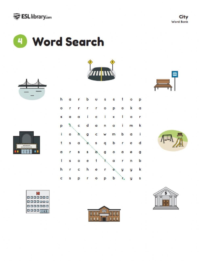 First Grade subtraction worksheet featuring a word search of U.S. cities for geography practice