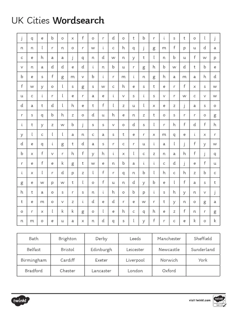 First Grade subtraction worksheet featuring a Cities Word Search to boost geography skills