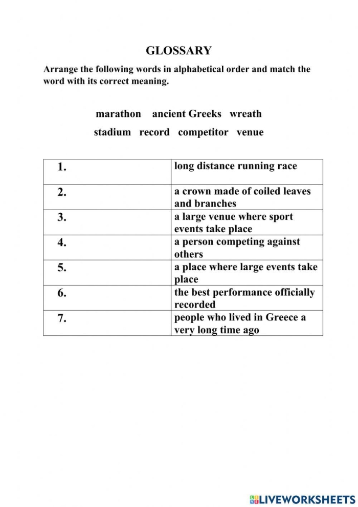 First grade glossary practice worksheet for data and graphing activities Glossary worksheet for first graders to enhance information retrieval skills