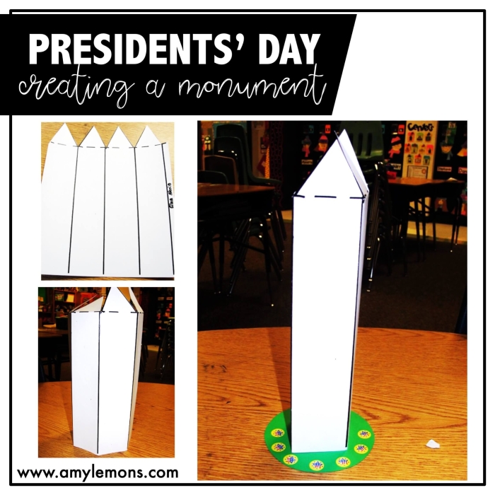 First Grade worksheet featuring a paper model of the Washington Monument for grammar and mechanics practice