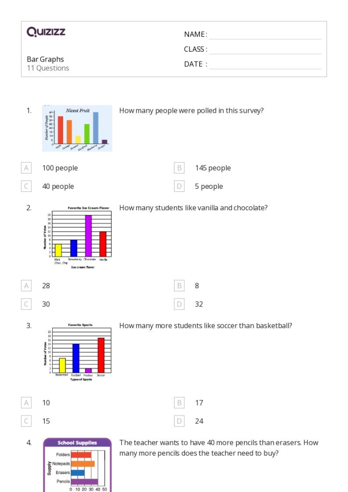 First Grade worksheet showing picture and bar graphs with related questions for kids