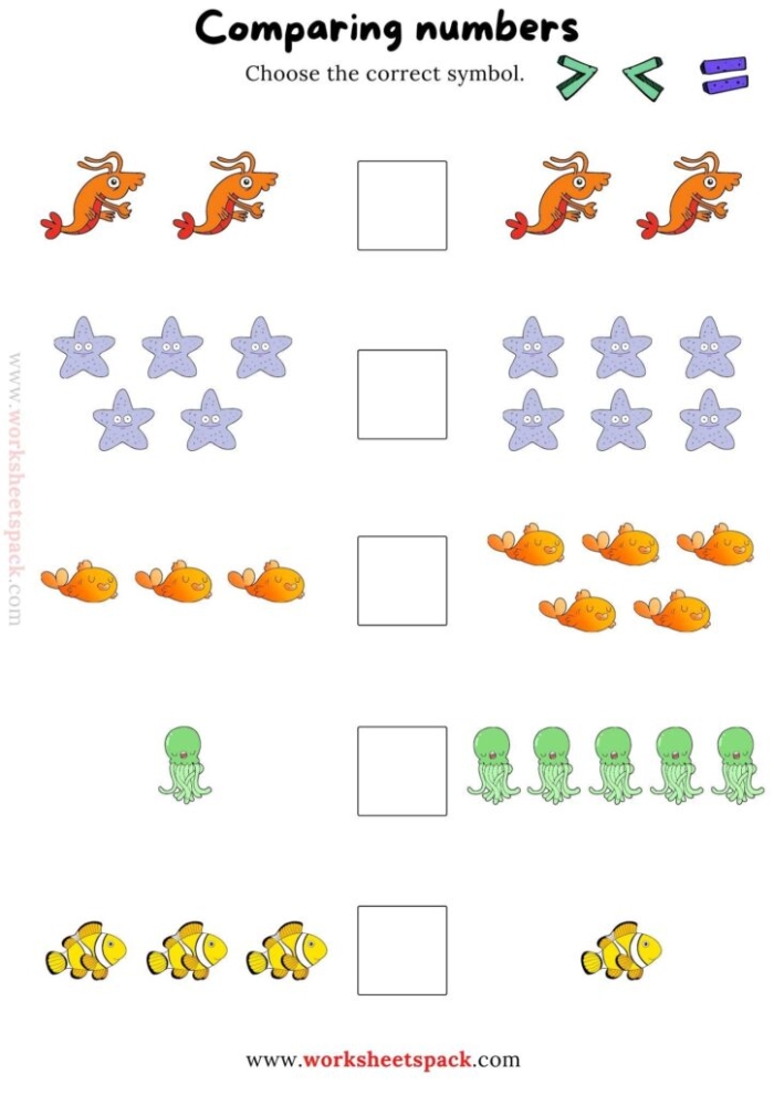 Number comparison practice worksheet for young learners with symbols and numbers First Grade number comparison worksheet using greater than and less than signs