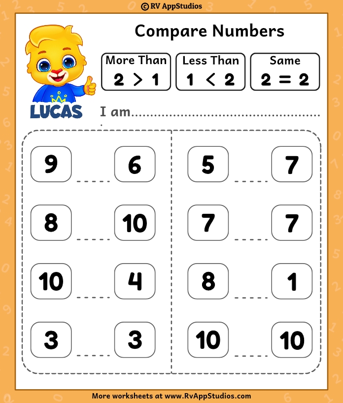 Number comparison practice sheet for first graders with number 8 included First Grade number comparison worksheet focusing on greater than and less than signs
