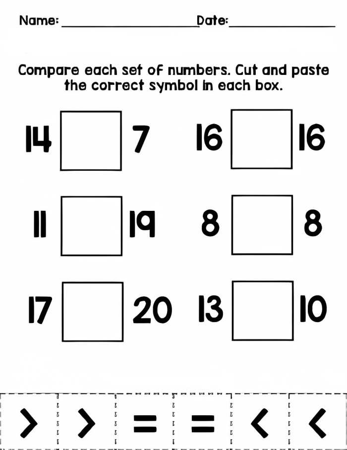 Number comparison exercise for first graders with number symbols and signs on worksheet 5 First Grade number comparison worksheet practicing greater than and less than signs