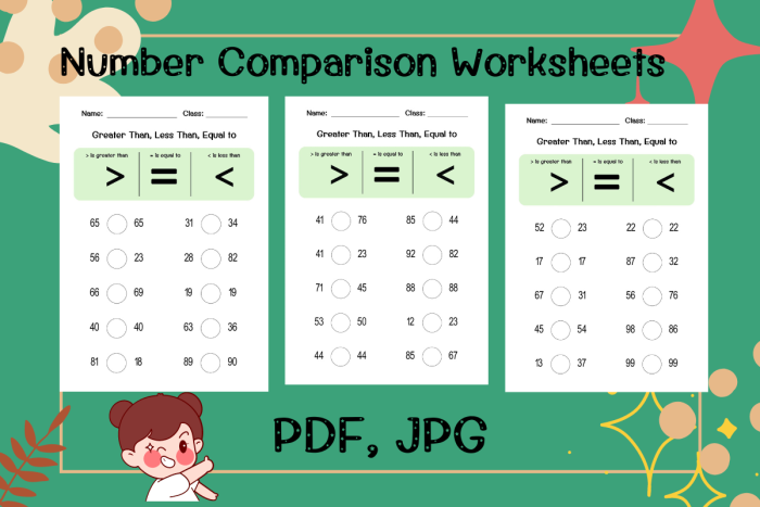 Number Comparison worksheet for young learners focusing on number relationships First Grade worksheet practicing greater than and less than signs with numbers