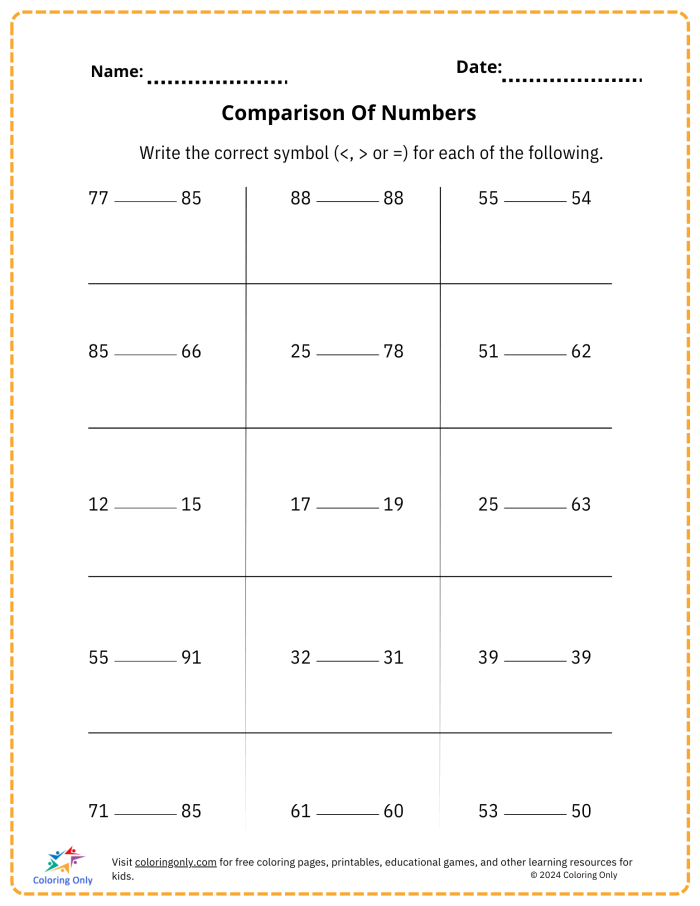 Number comparison practice worksheet for first graders with number symbols 14 First Grade number comparison worksheet practicing greater than and less than signs