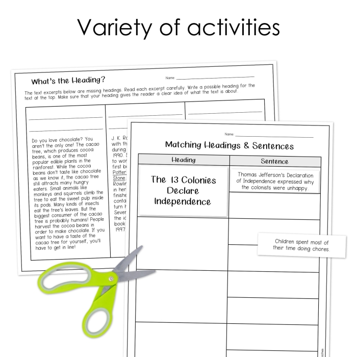 First Grade student completing a headings worksheet to learn about titles and main ideas