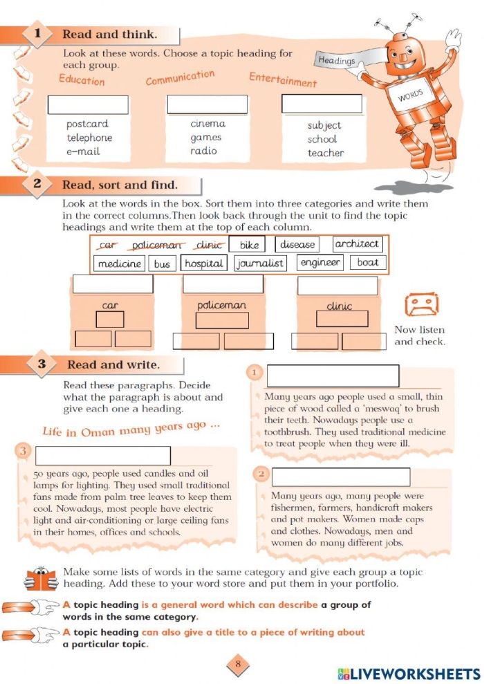 First Grade Reading worksheet focused on identifying and writing headings
