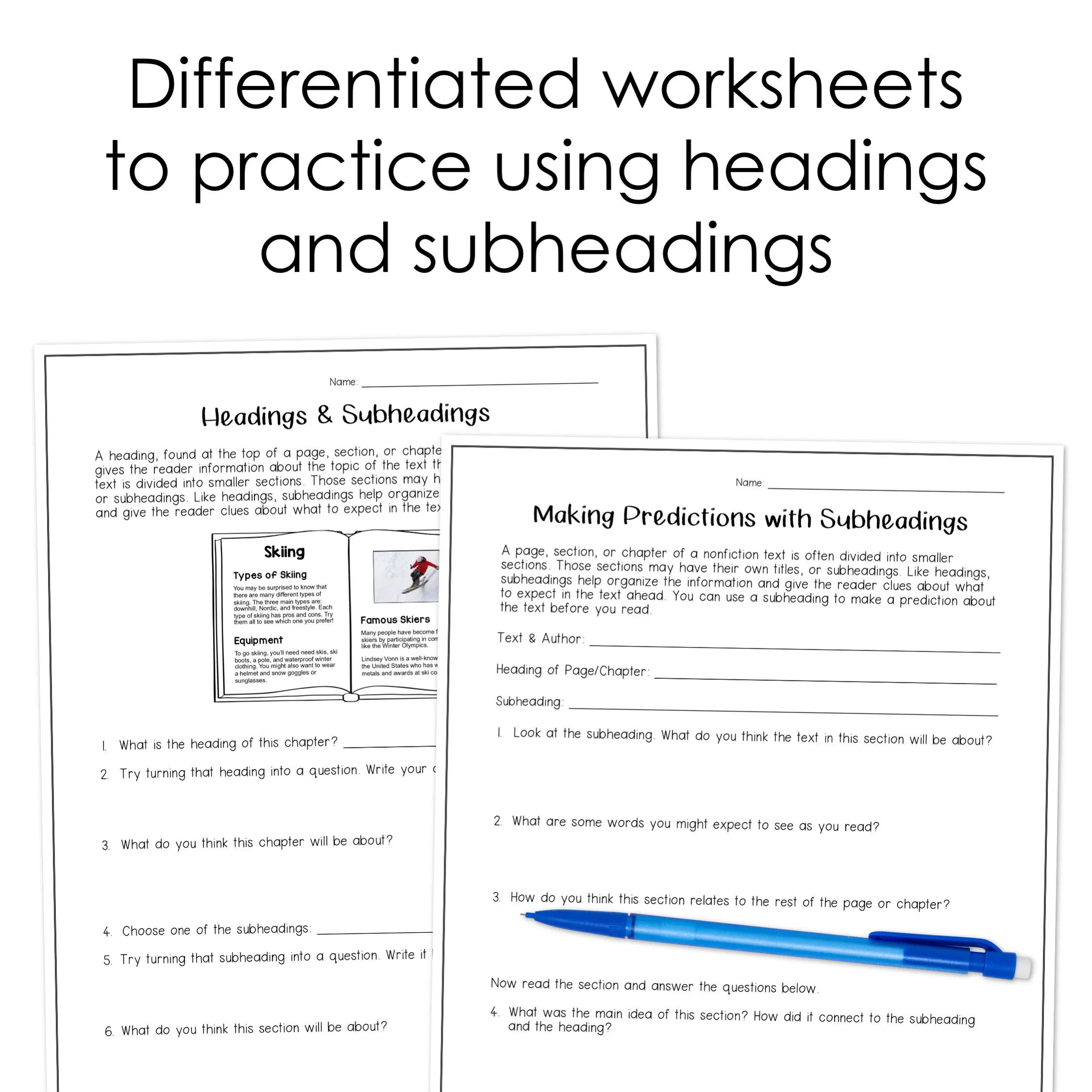 First Grade student completing a worksheet on identifying and writing headings