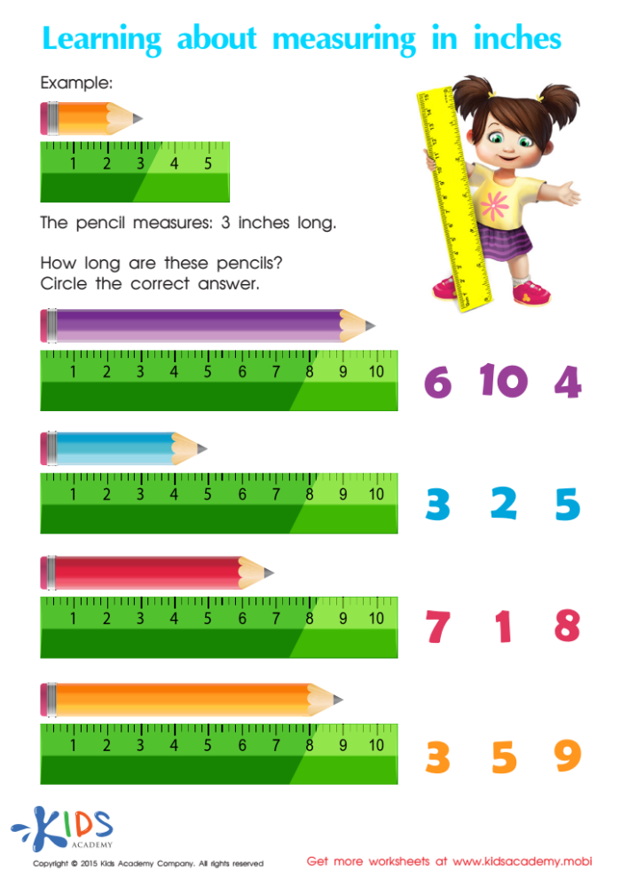 First Grade worksheet showing how to measure objects in inches with a ruler