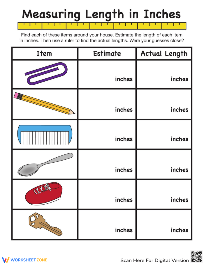 First Grade worksheet showing how to measure objects in inches with everyday items