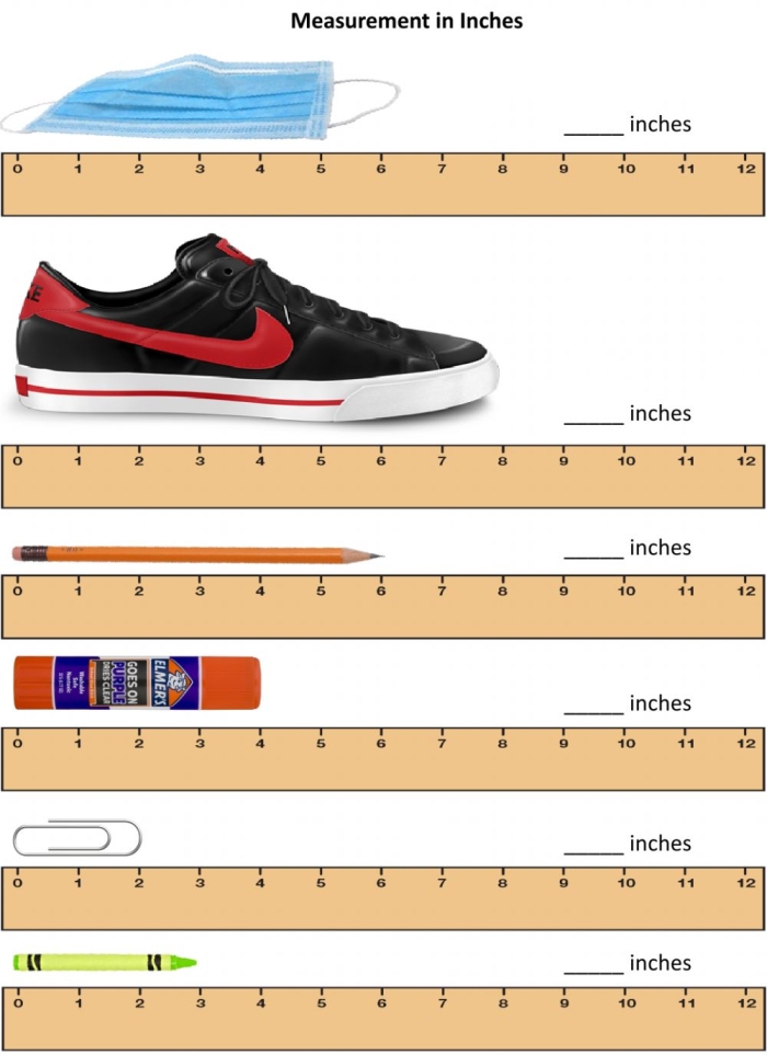 First Grade worksheet showing how to measure various objects in inches with a ruler