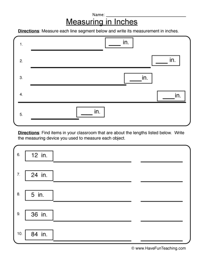 First Grade worksheet for measuring objects in inches using everyday items