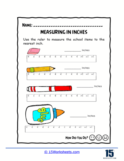 First Grade worksheet for measuring objects in inches with everyday items