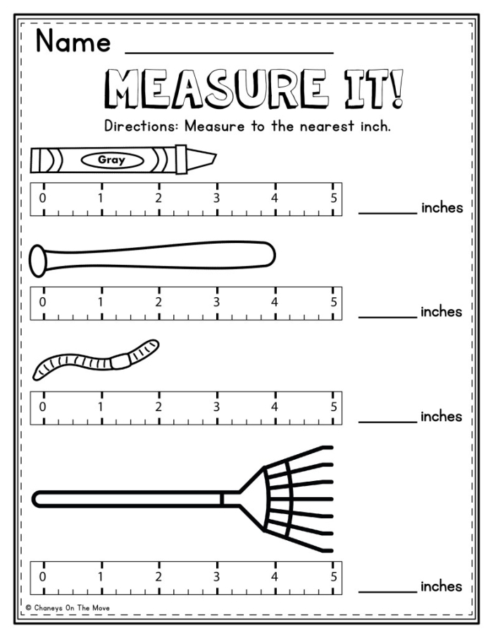 First Grade worksheet for measuring objects in inches with playful illustrations
