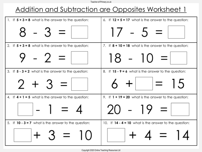 Inverse subtraction practice worksheet for first graders number 21 First Grade worksheet focusing on inverse subtraction practice to find missing numbers