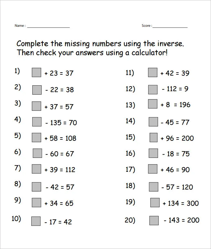 Worksheet for practicing subtraction using inverse operations, image 20 First Grade inverse subtraction practice worksheet with missing number problems